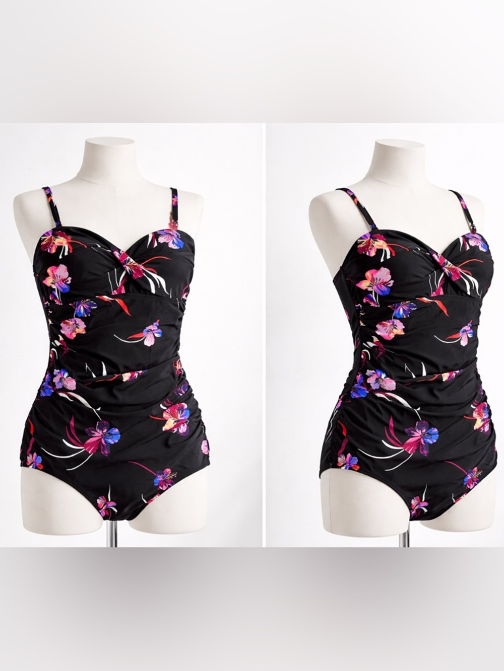 Shore Shapes Tummy Control One Piece Swimsuit Black Floral Ruched Twist Front 8